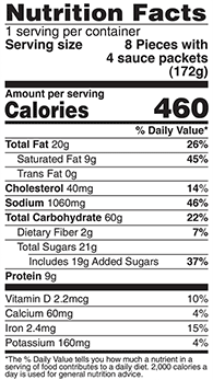 PAGODA® Crab Rangoon Nutritional Information Nutrition Facts % Daily Value: Contribution of a nutrient in a serving of food to a daily diet. General nutrition advice: 2,000 calories per day Serving Size 8 Pieces with 4 Sauce Packets (172g) Servings per Container 1 Calories 460 Total Fat 20g 26% Saturated Fat 9g 45% Trans Fat 0g Cholesterol 40mg 14% Sodium 1,060mg 46% Total Carb 60g 22% Dietary Fiber 2g 7% Total Sugars 21g Added Sugars 19g 37% Protein 9g Vitamin D 2.2mcg 10% Calcium 60mg 4% Iron 2.4mg 15% Potassium 160mg 4%